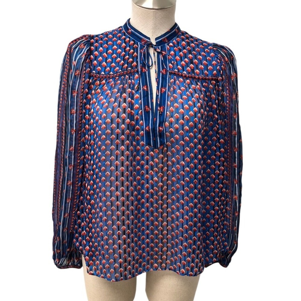 Ulla Johnson Blouse Womens 8 Blue Silk Floral Striped Tie Neck Balloon Sleeve